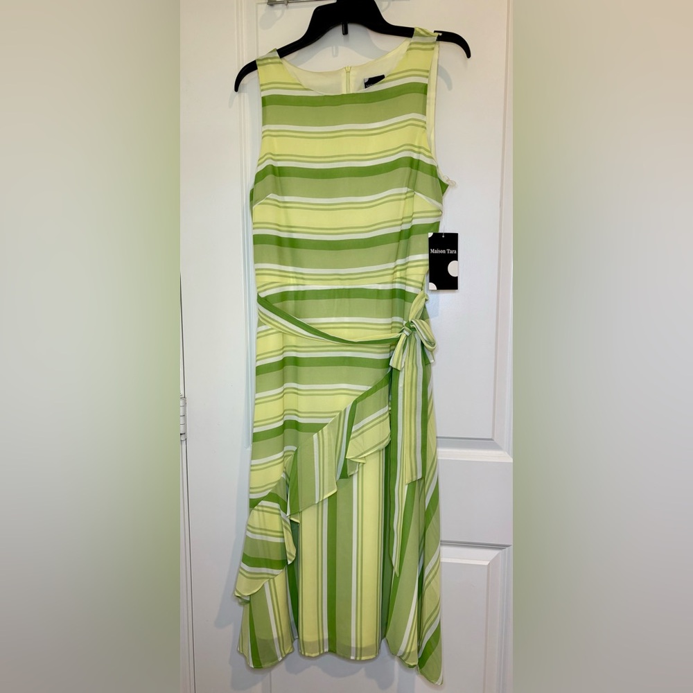 Maison Tara Strapless Apple Multi Colored stripped Sheer Dress